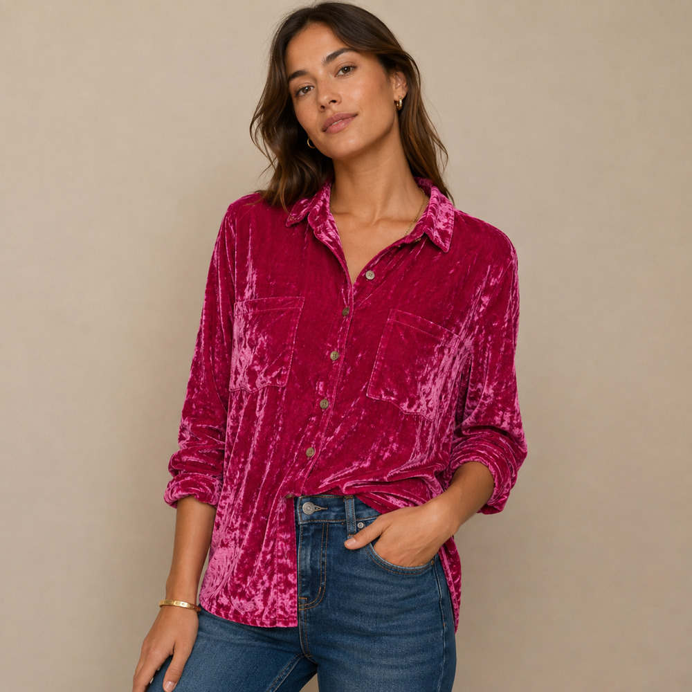 Anthropologie Pilcro Mara Crushed Velvet Button Down Shirt 8 Pink Relaxed